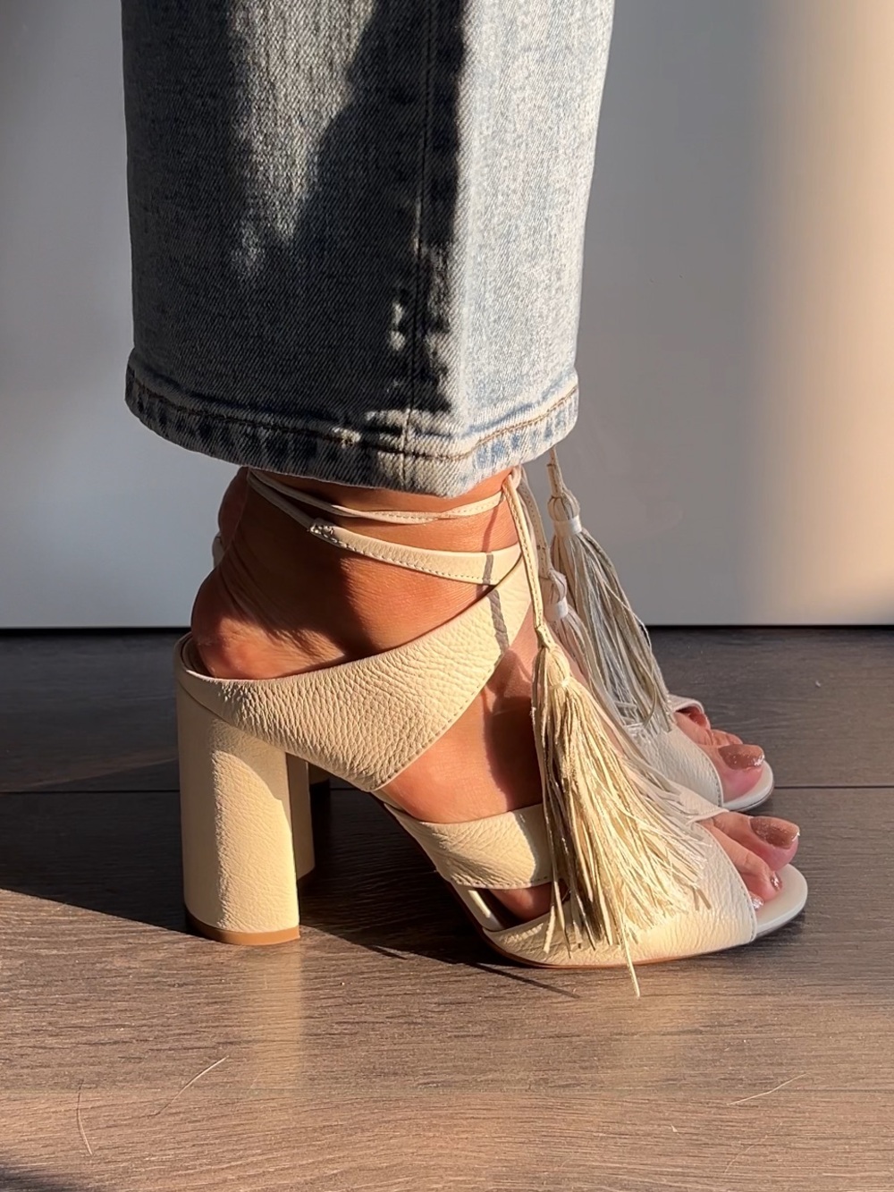 Louise et Cie Cream Strappy Tassel Block Heels